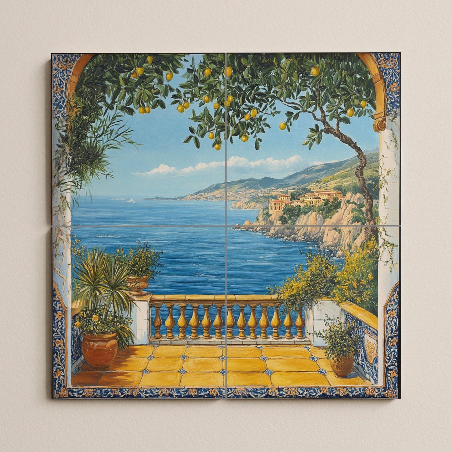 Mural de pared de cerámica de limonero mediterráneo con vista al mar…