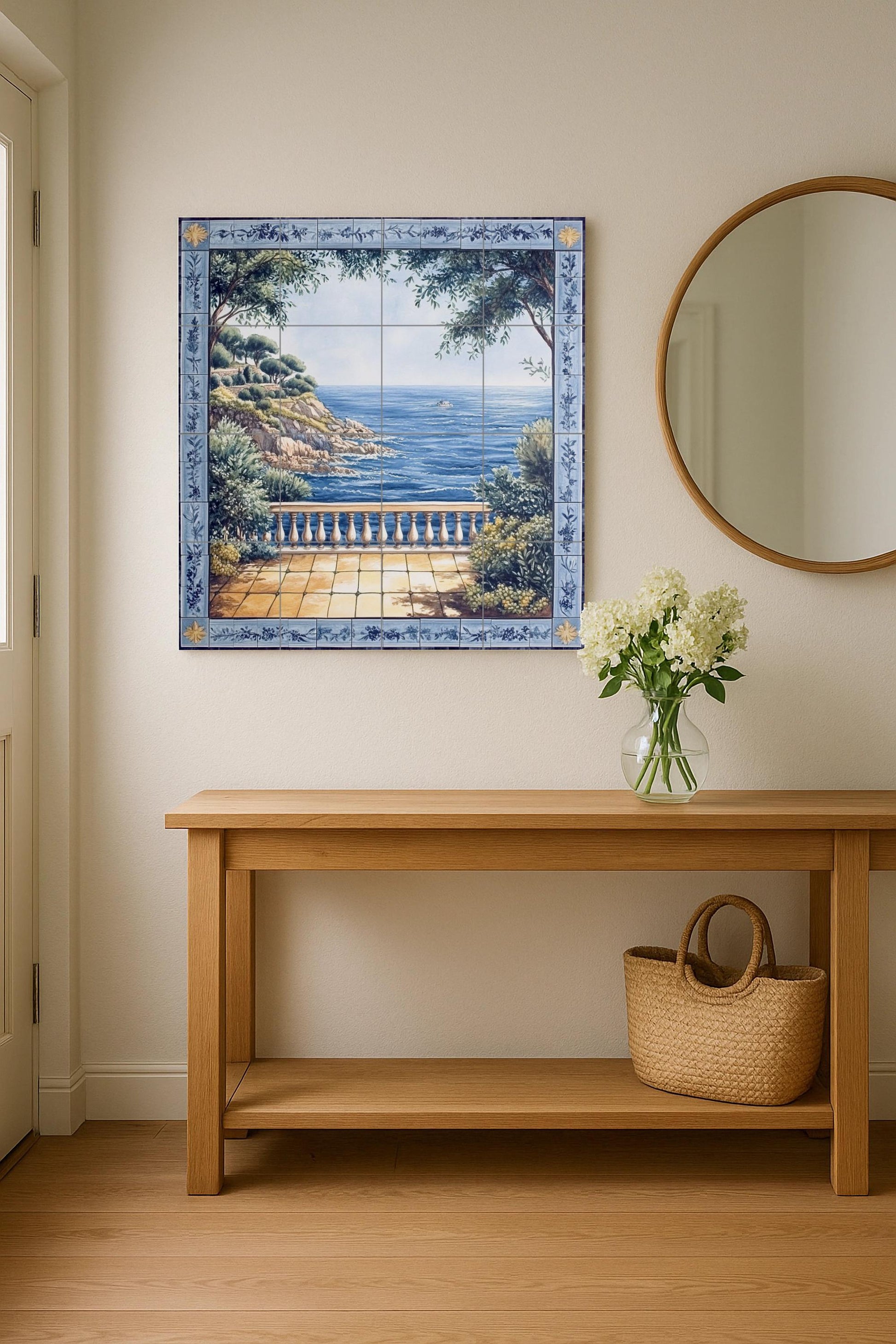 Avec Vue au Mer Méditerranéen et Bordure Floral Bleu — Décor Jardin et Nature, Art Mural en Céramique