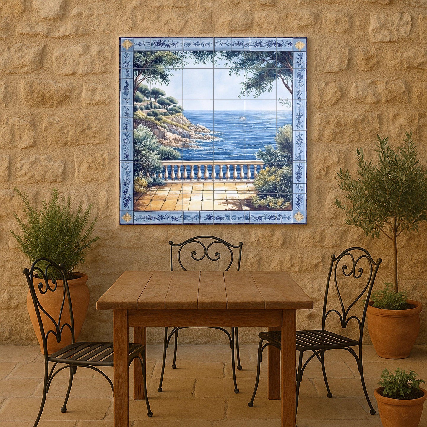 Avec Vue au Mer Méditerranéen et Bordure Floral Bleu — Décor Jardin et Nature, Art Mural en Céramique