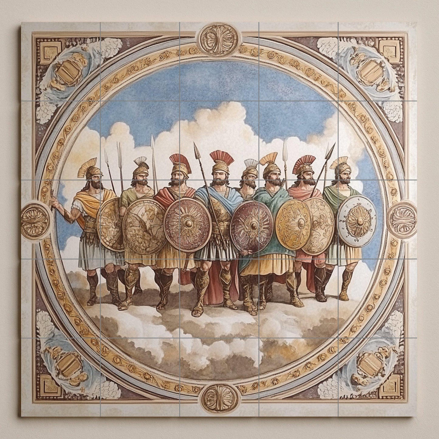 Mural de pared de cerámica de guerreros antiguos con soldados romanos…