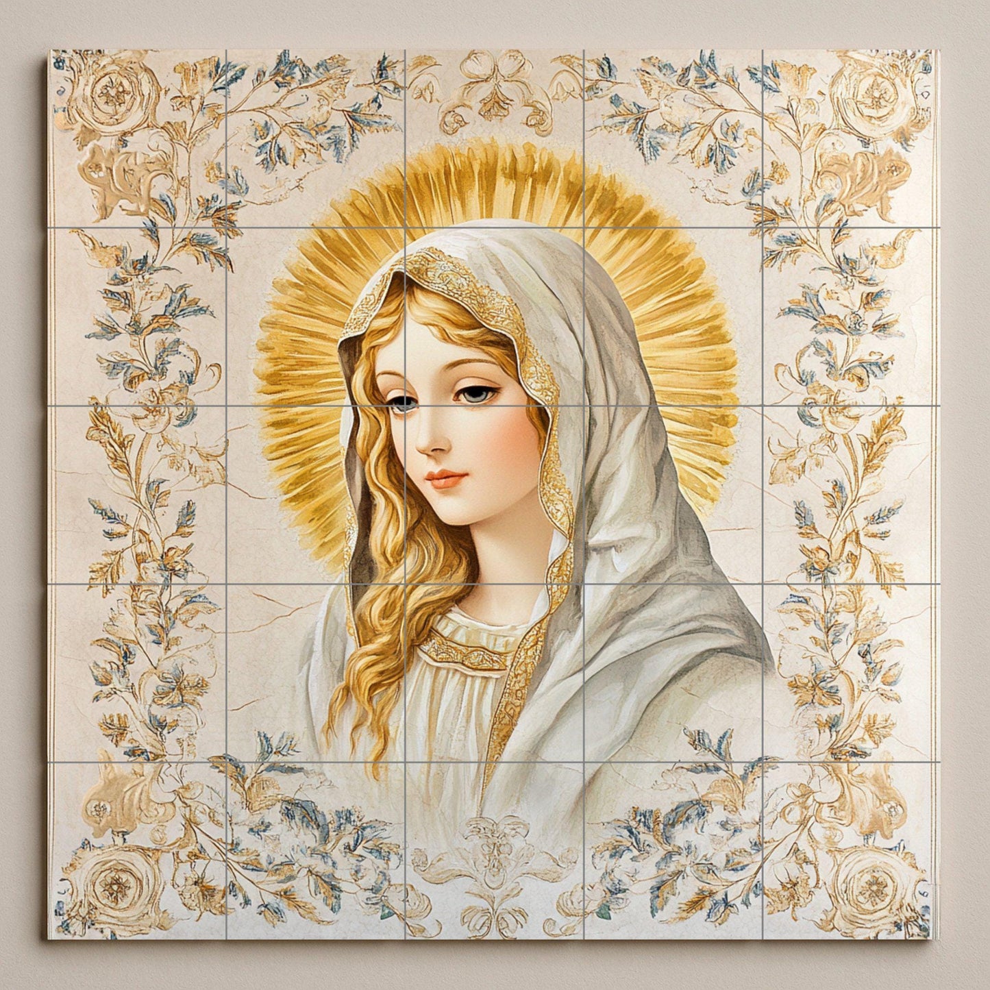 Mural de pared de cerámica de la Virgen María con halo dorado y…