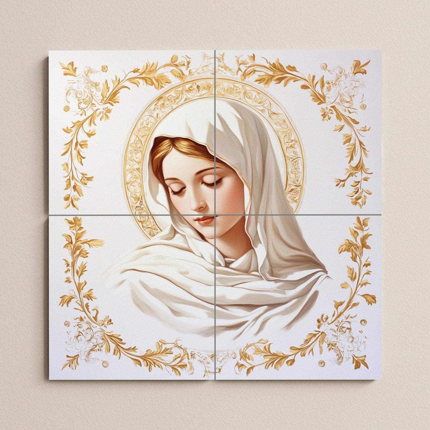 Mural de pared de cerámica de la Virgen María con halo dorado y…