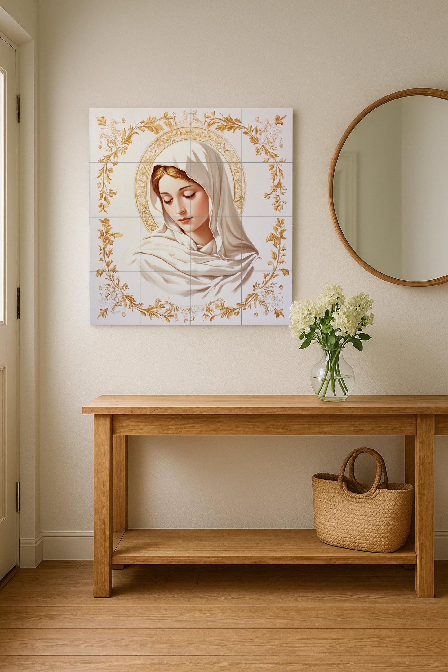 Mural de pared de cerámica de la Virgen María con halo dorado y…