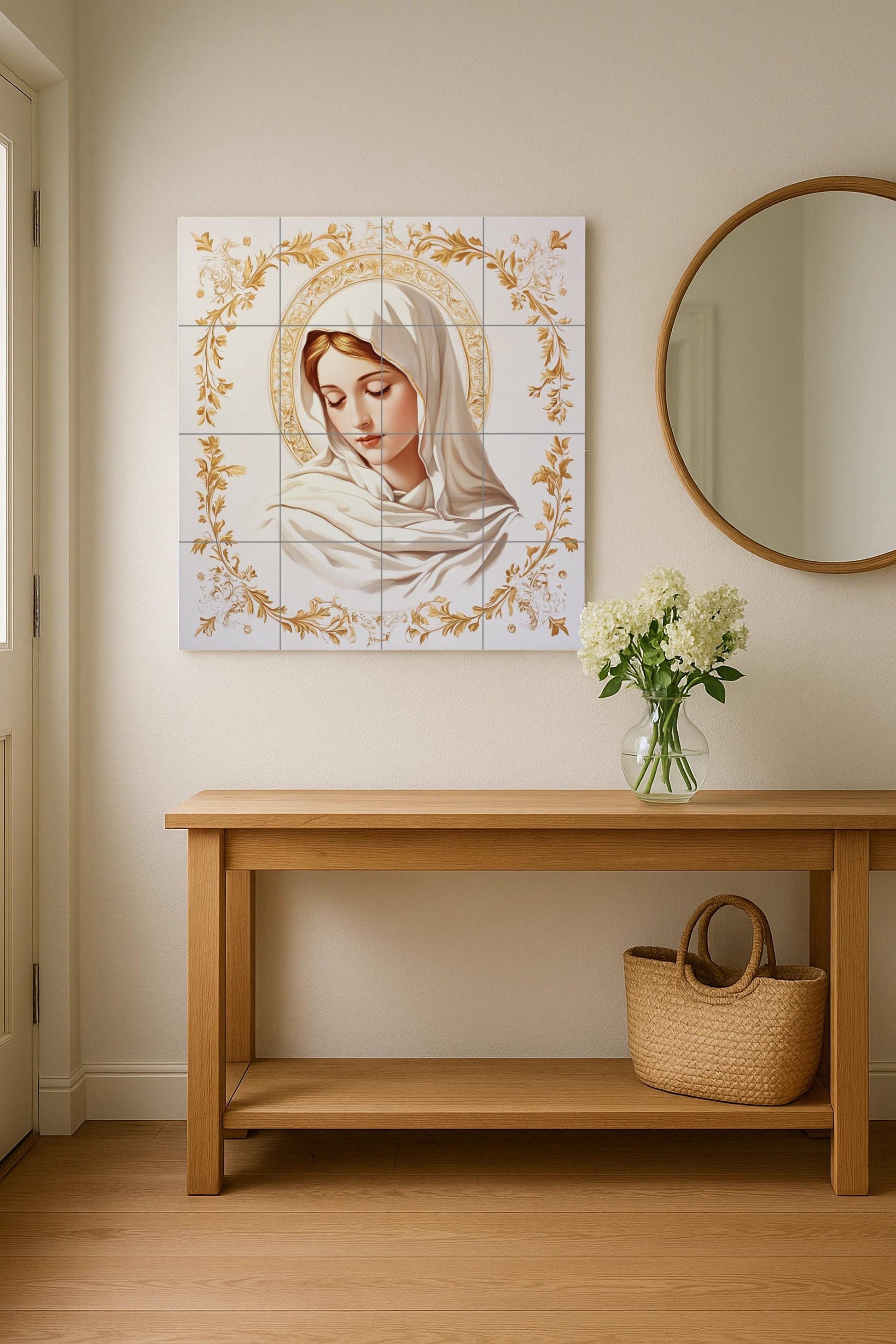 Mural de pared de cerámica de la Virgen María con halo dorado y…