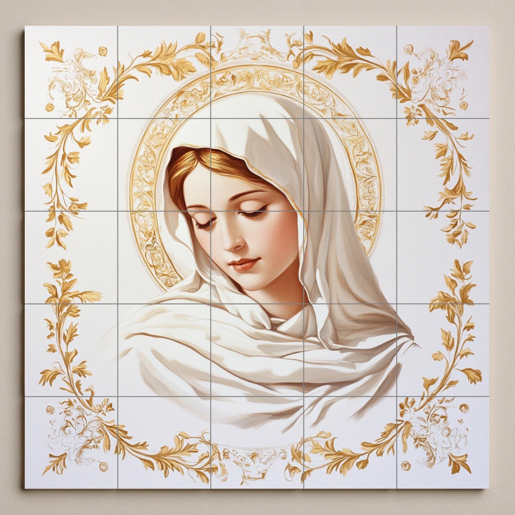 Mural de pared de cerámica de la Virgen María con halo dorado y…
