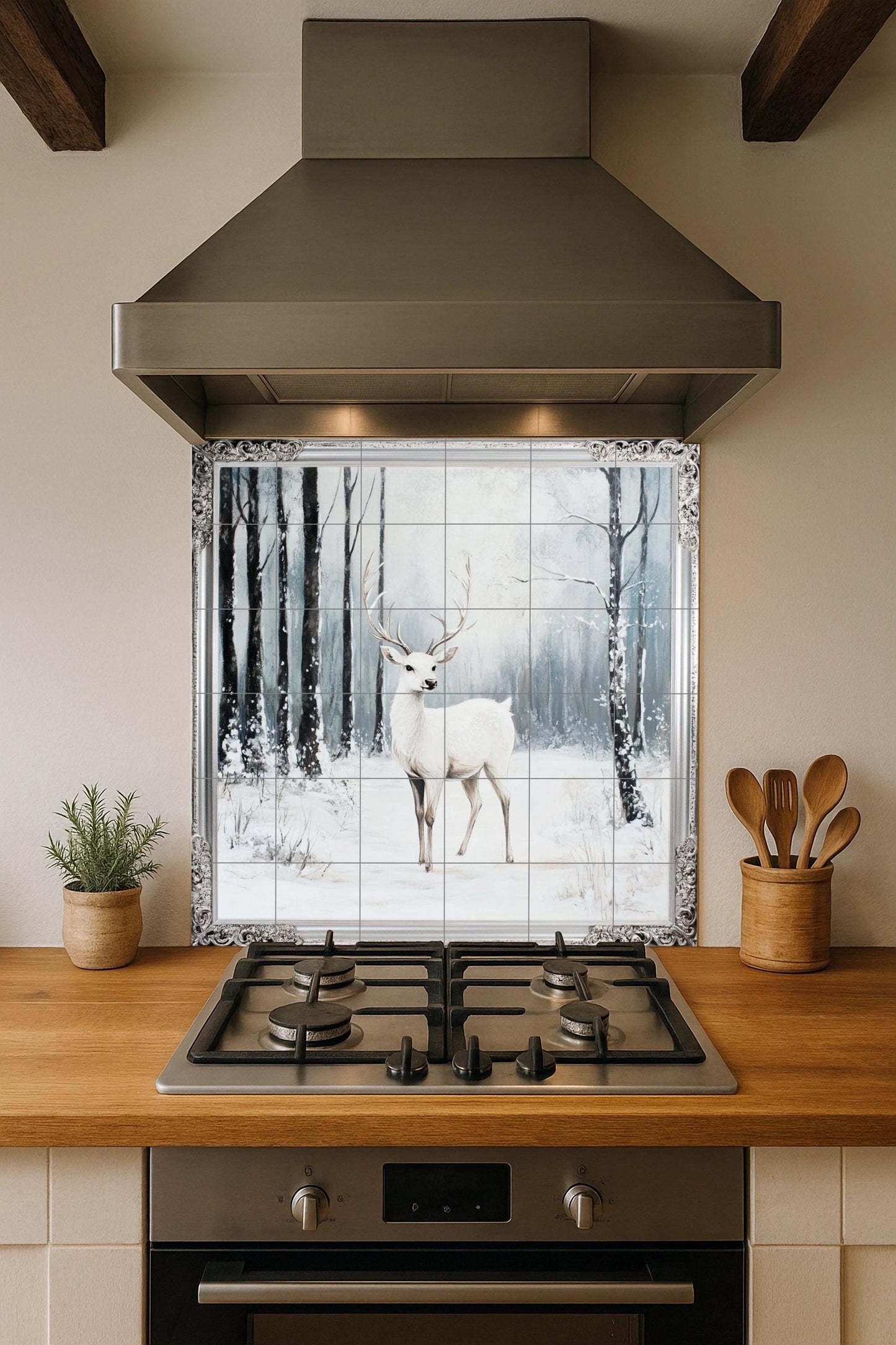 Fresque en Carrelage Ciervo blanco con escena de bosque nevado y bor — Art Mural Nature