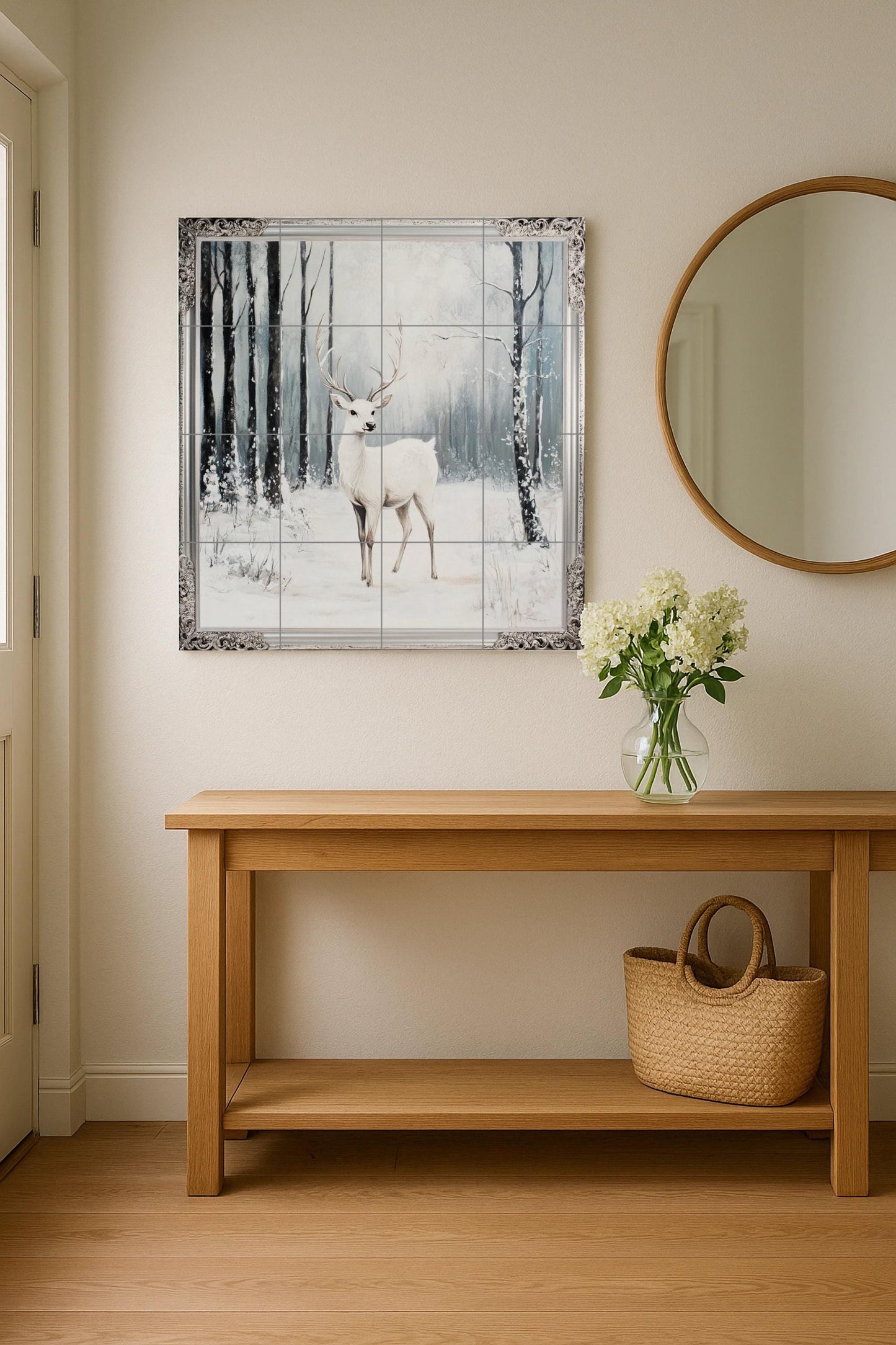 Fresque en Carrelage Ciervo blanco con escena de bosque nevado y bor — Art Mural Nature