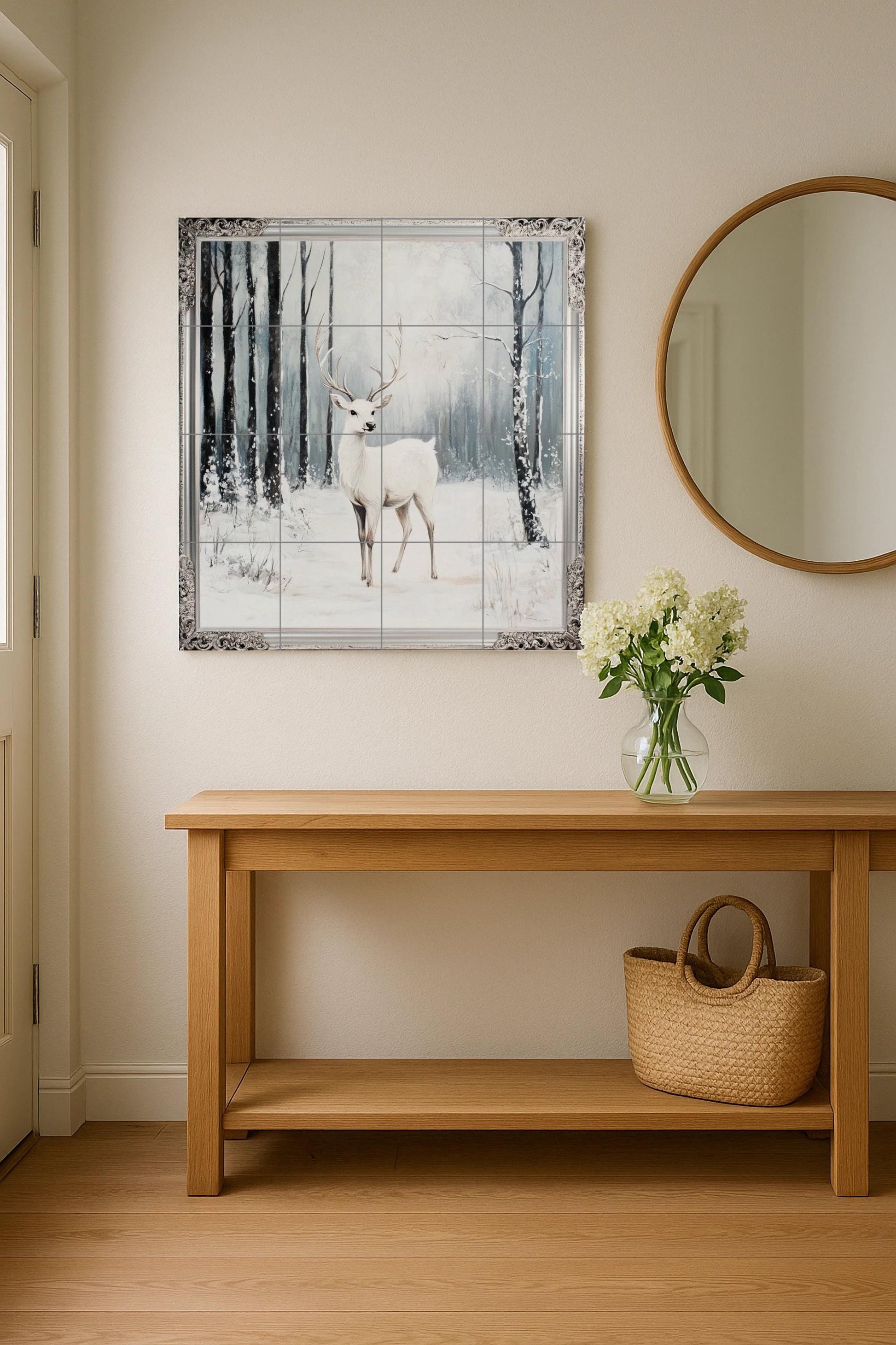 Fresque en Carrelage Ciervo blanco con escena de bosque nevado y bor — Art Mural Nature