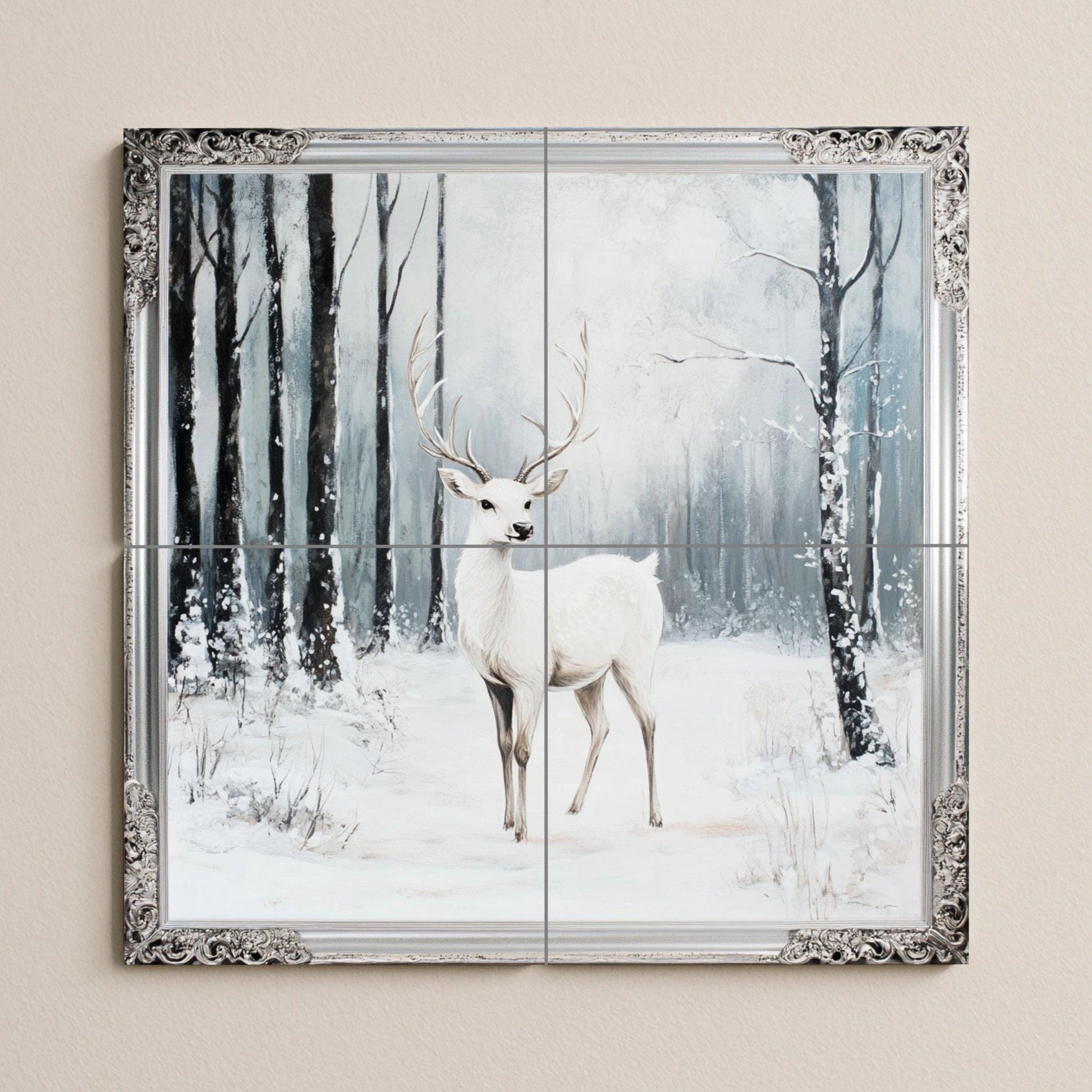 Fresque en Carrelage Ciervo blanco con escena de bosque nevado y bor — Art Mural Nature