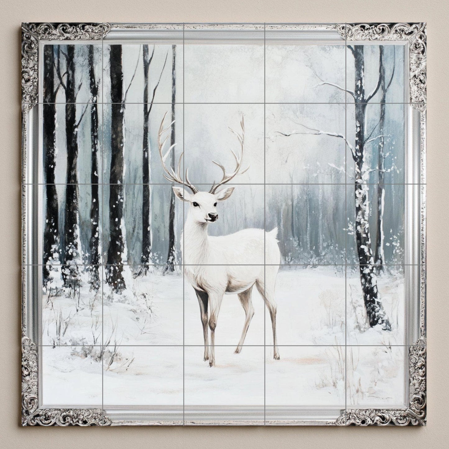 Fresque en Carrelage Ciervo blanco con escena de bosque nevado y bor — Art Mural Nature