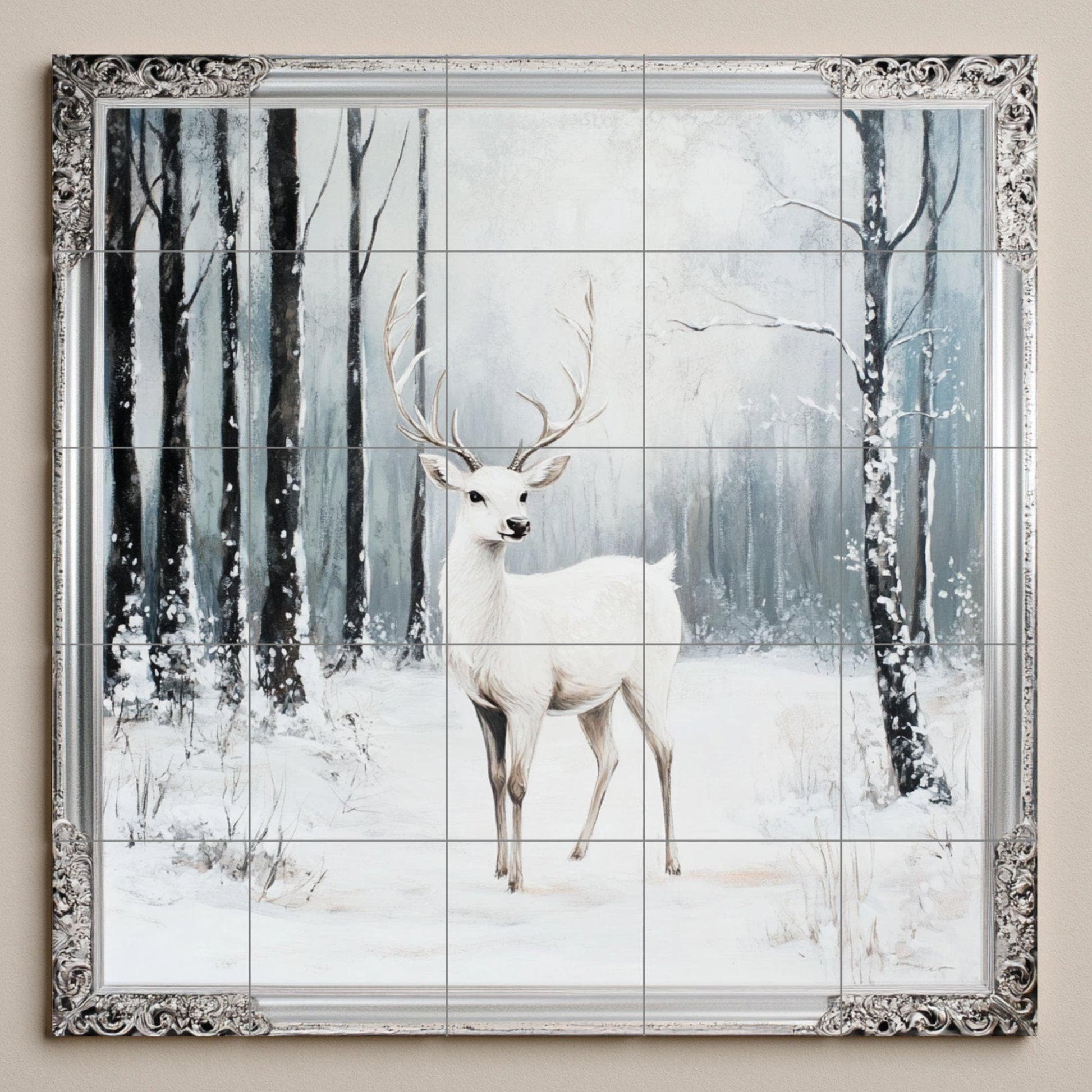 Fresque en Carrelage Ciervo blanco con escena de bosque nevado y bor — Art Mural Nature