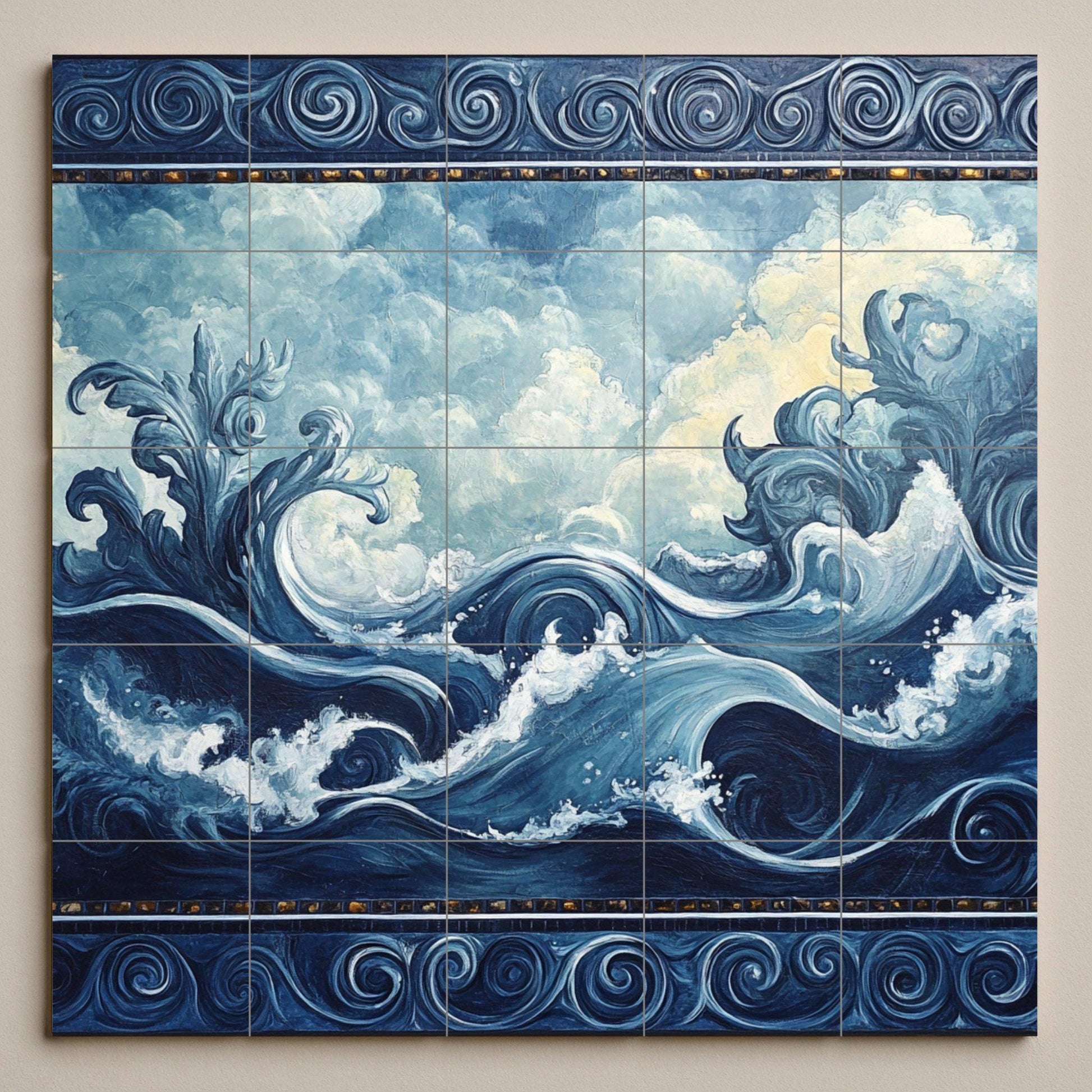 Mural de pared de cerámica con olas del océano y diseño de nubes y…
