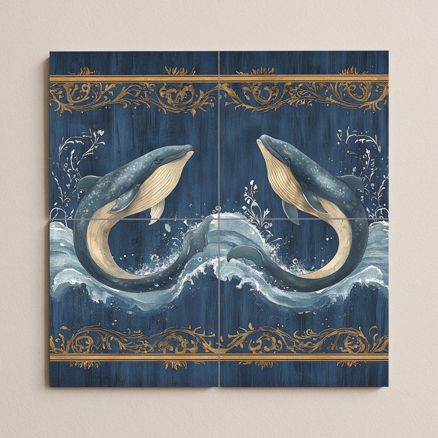 Ballena Bleu avec Vagues du Océan et Bordure orname — Fresque Murale en Carreaux de Céramique · Art Marin et Côtier