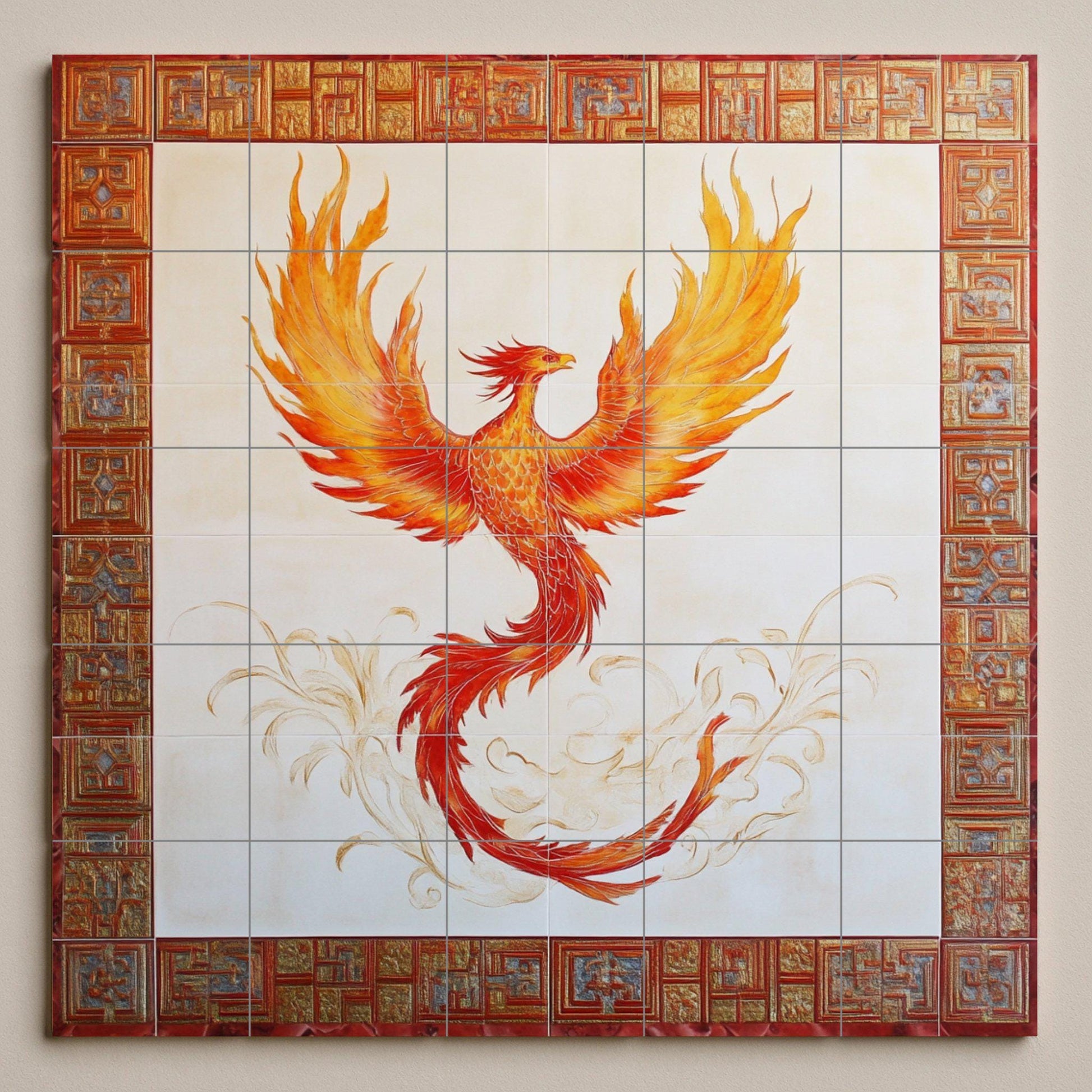 Fliesenbild Fénix con ave mitológica ardiente y borde ornam — Mythologische Szene