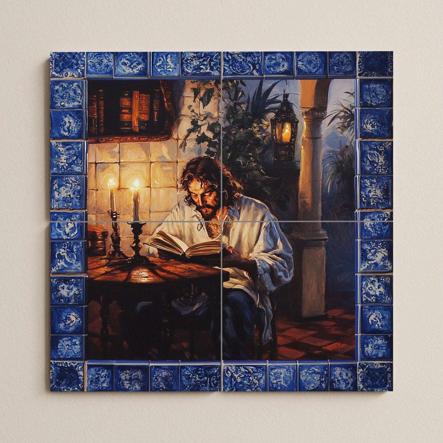 Mural de pared de cerámica clásico con hombre leyendo a la luz de las…