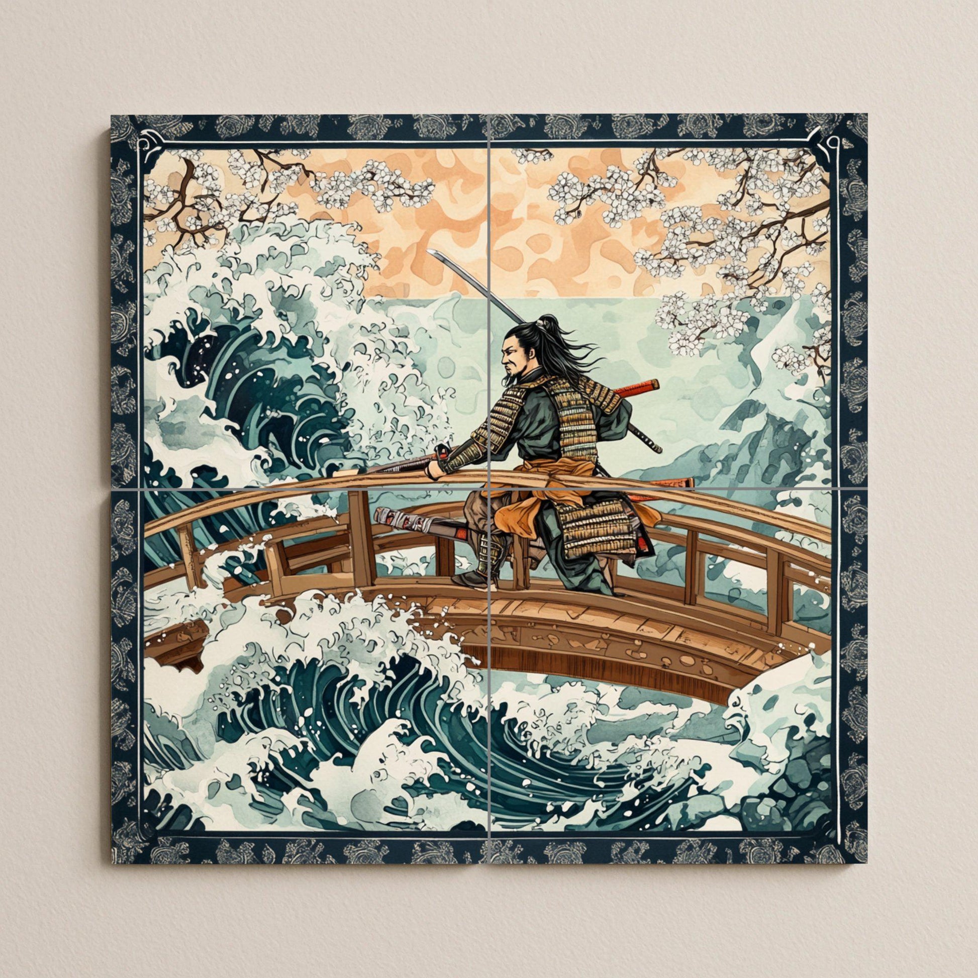 Mural de pared de cerámica de guerrero samurái con ondas japonesas y…