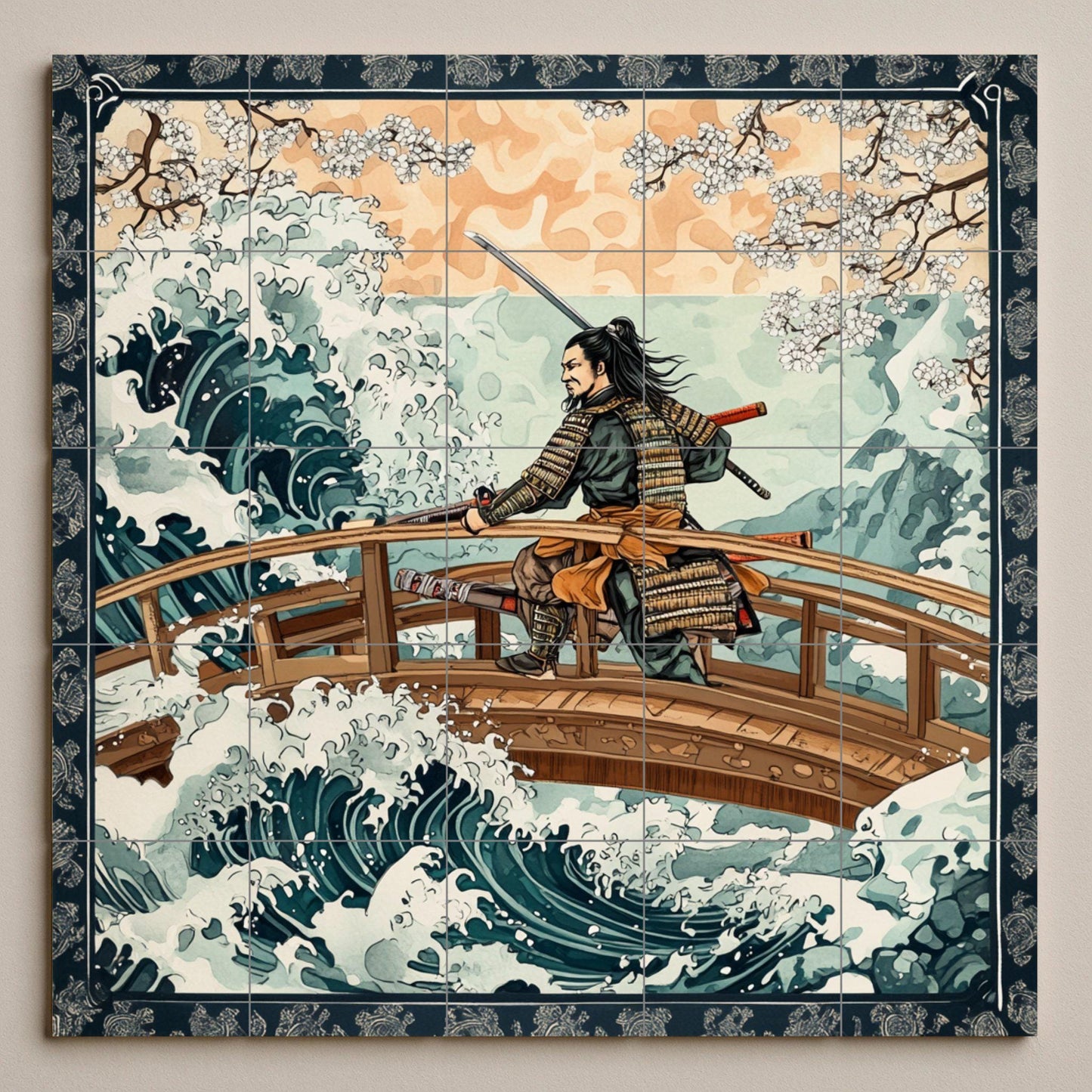 Mural de pared de cerámica de guerrero samurái con ondas japonesas y…