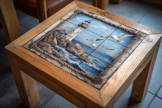 Ceramic Tile Mural: Lighthouse Coastal with gaviotas on Waves of the Ocean — Seaside Scene