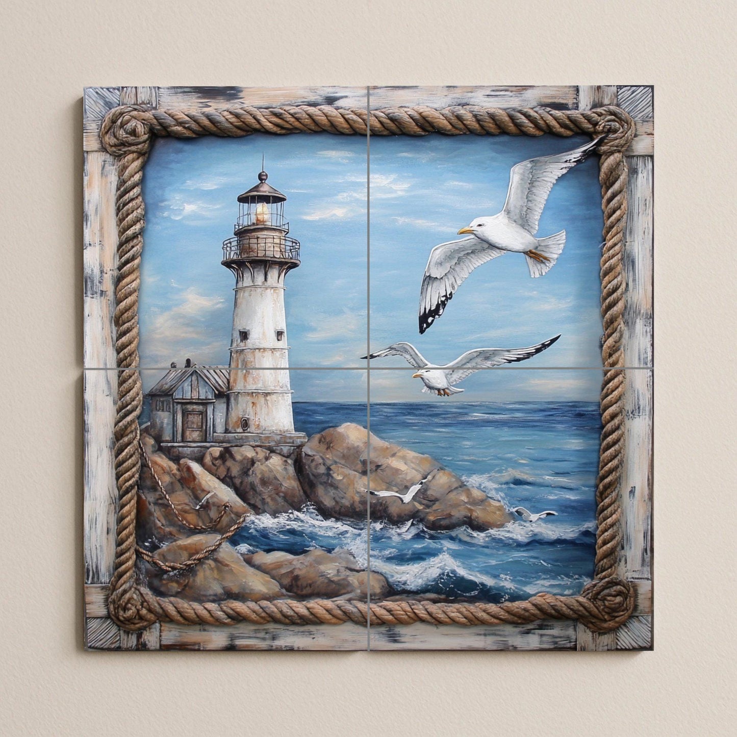 Mural de pared de cerámica de faro costero con gaviotas sobre olas…
