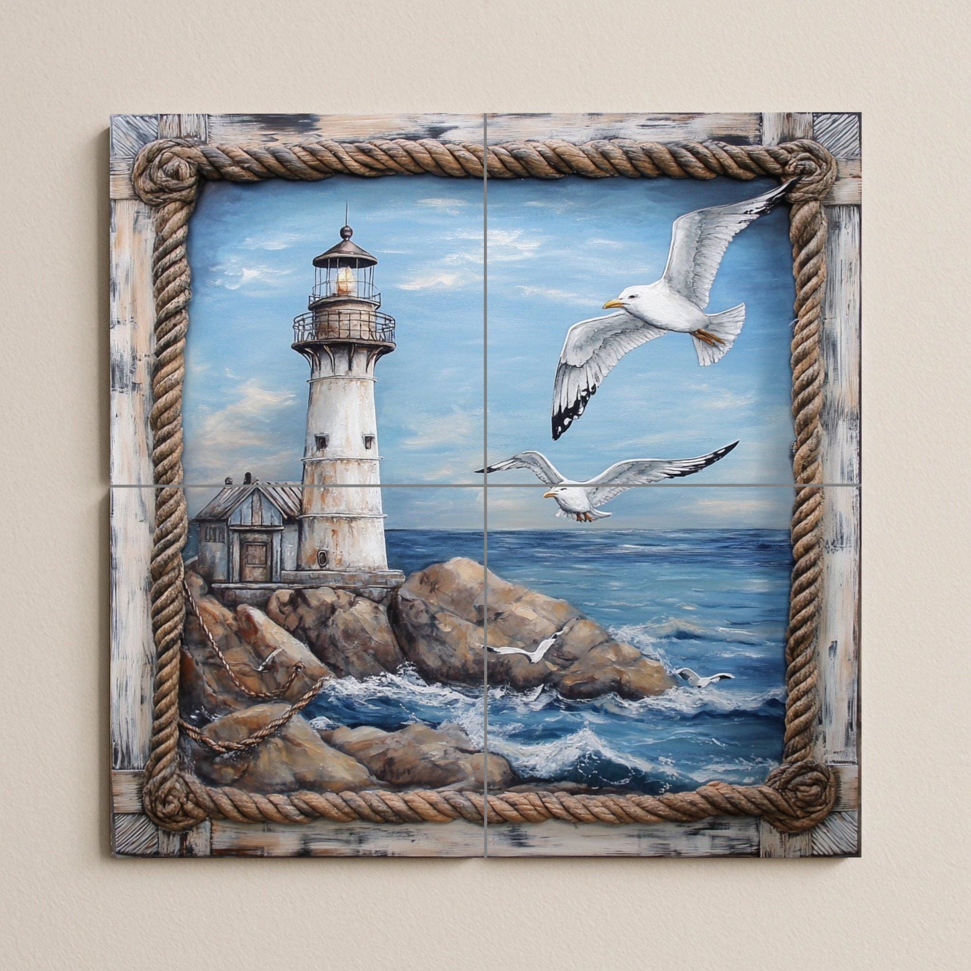 Mural de pared de cerámica de faro costero con gaviotas sobre olas…