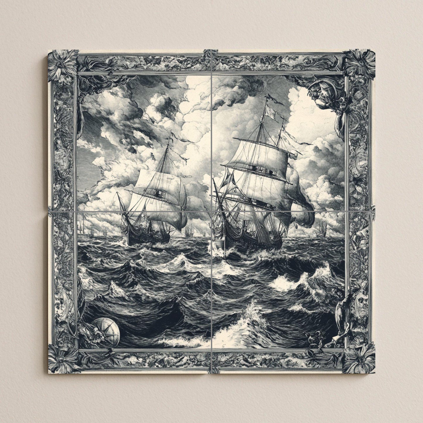 Velero Nautical with Waves tempestuosas, Art · Ceramic Wall Mural — Maritime Tile Art
