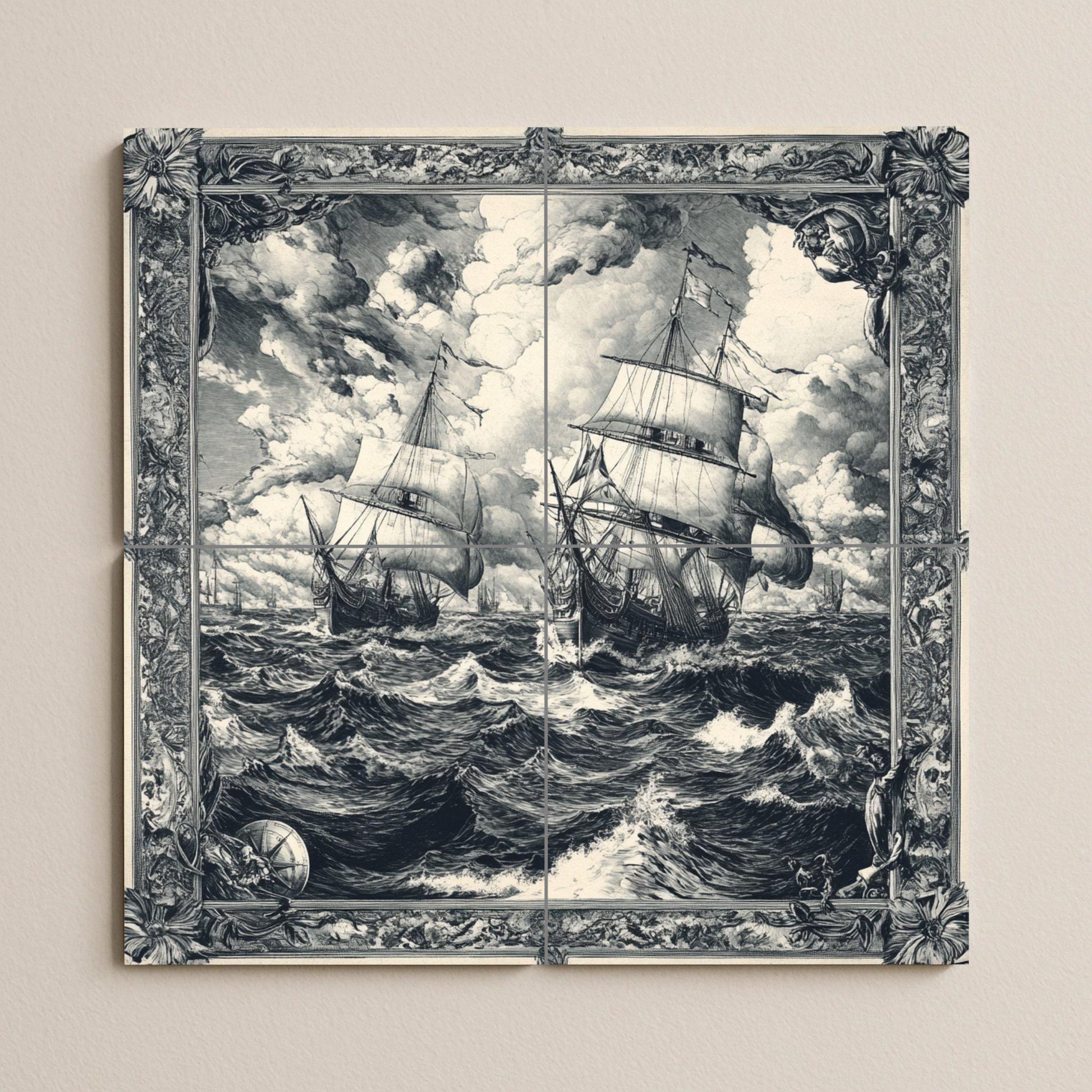 Velero Nautical with Waves tempestuosas, Art · Ceramic Wall Mural — Maritime Tile Art