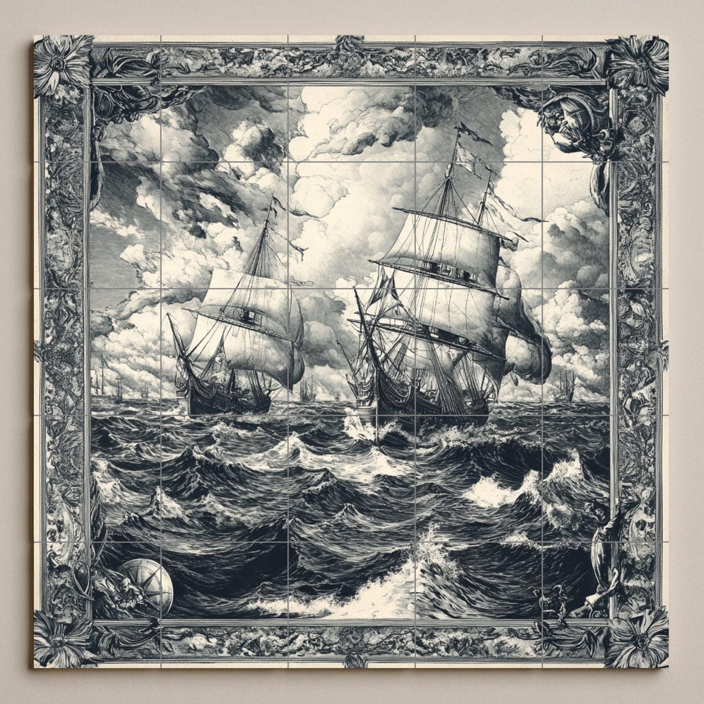 Velero Nautical with Waves tempestuosas, Art · Ceramic Wall Mural — Maritime Tile Art