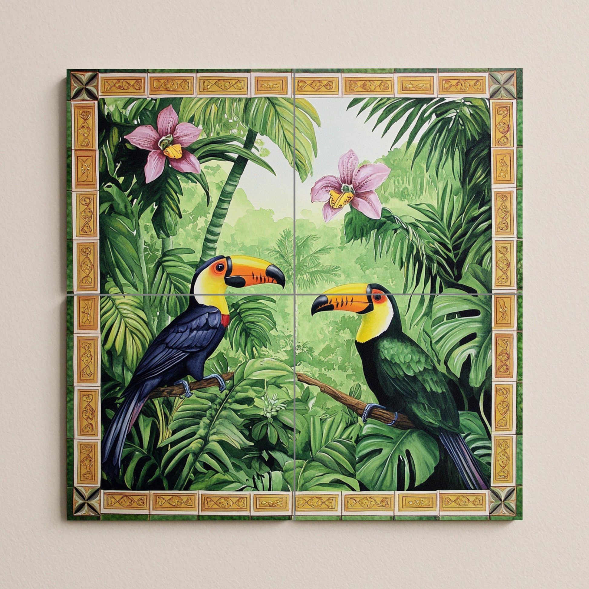 Mural de pared de cerámica con diseño de jungla tropical de tucán con…