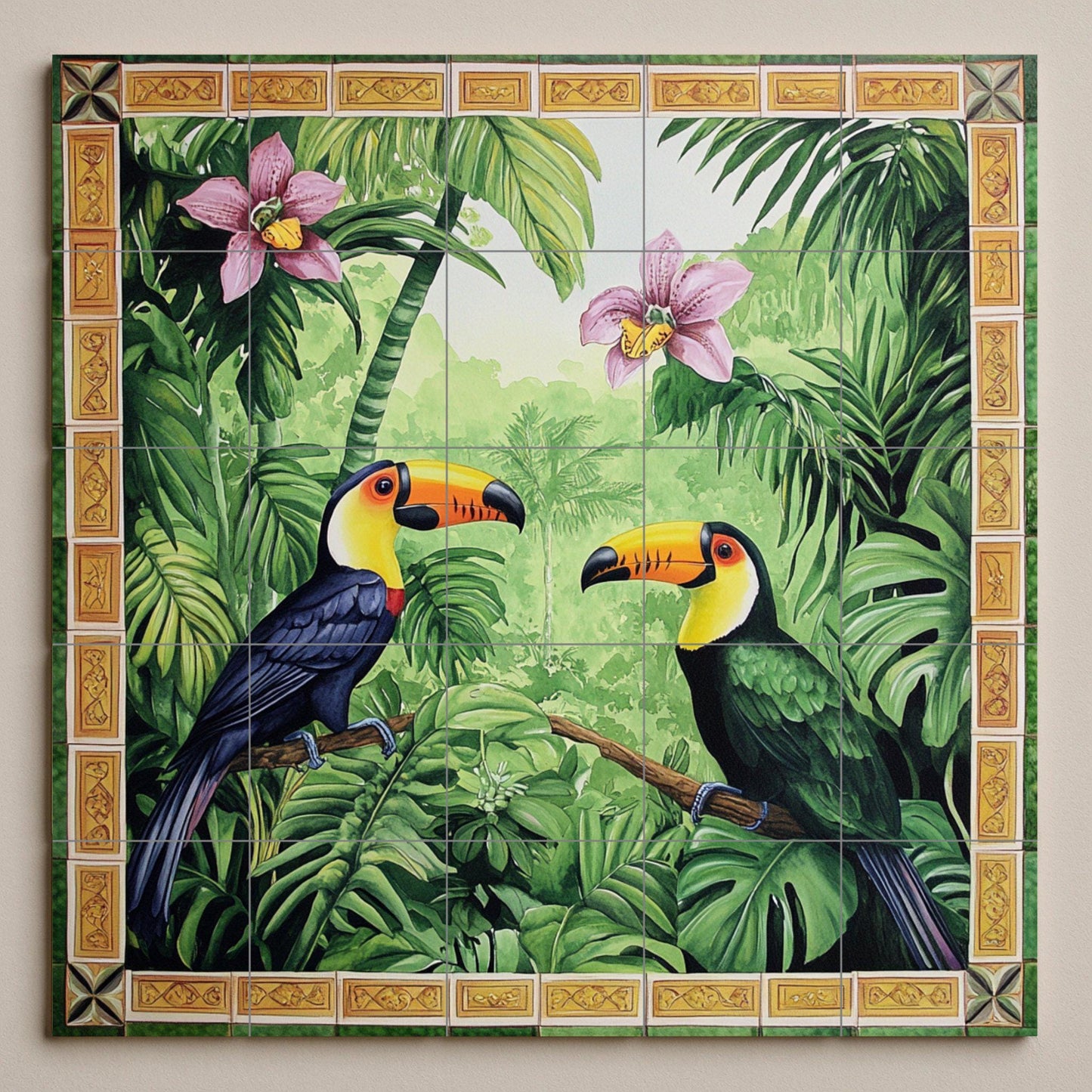 Mural de pared de cerámica con diseño de jungla tropical de tucán con…