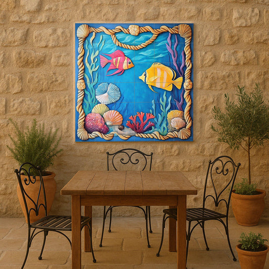 Submarinos con peces de colores, conchas y marco de coral. — Countryside Kitchen Art · Tile Wall Art