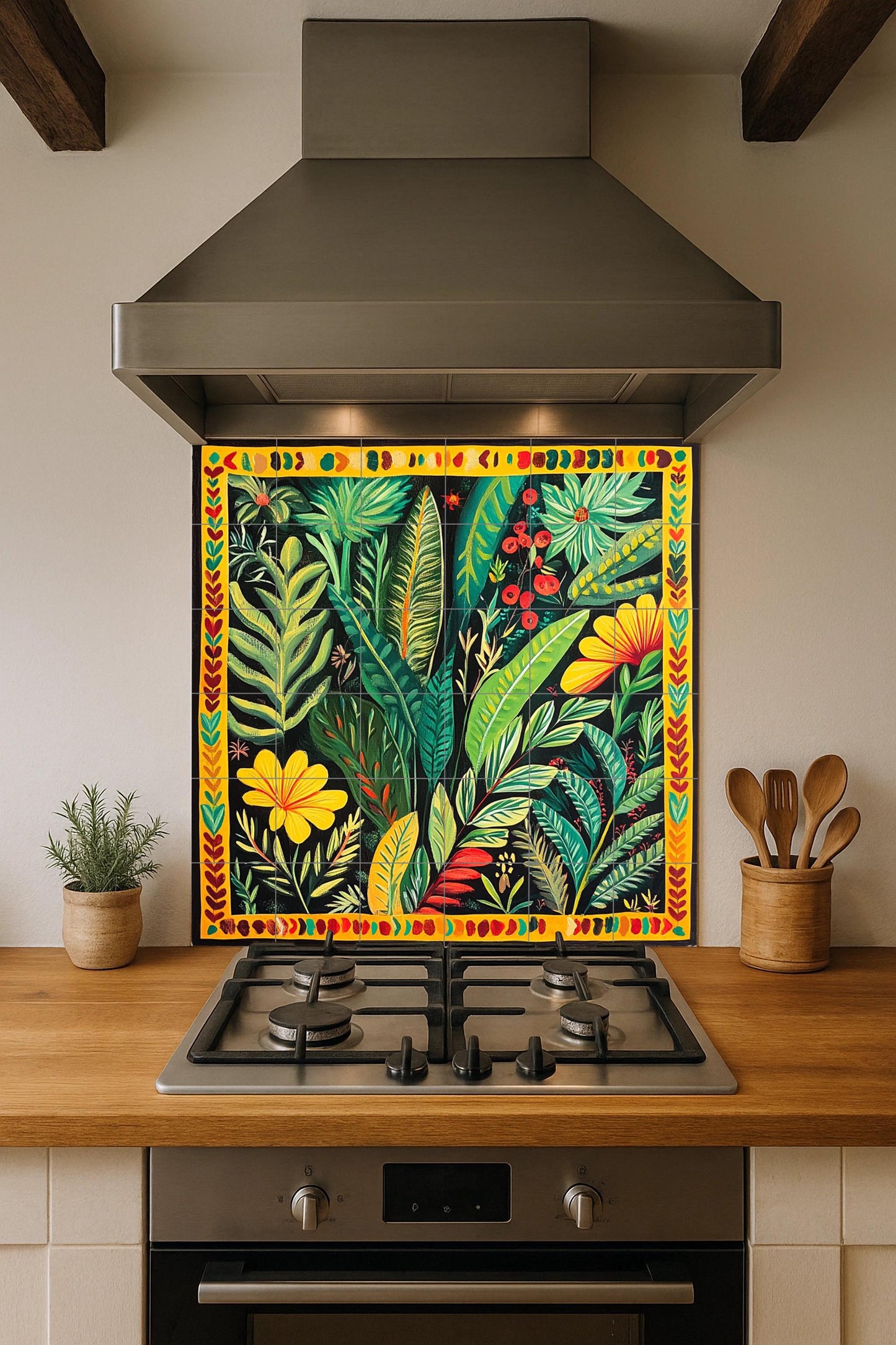 Mural de cerámica colombiana con follaje tropical