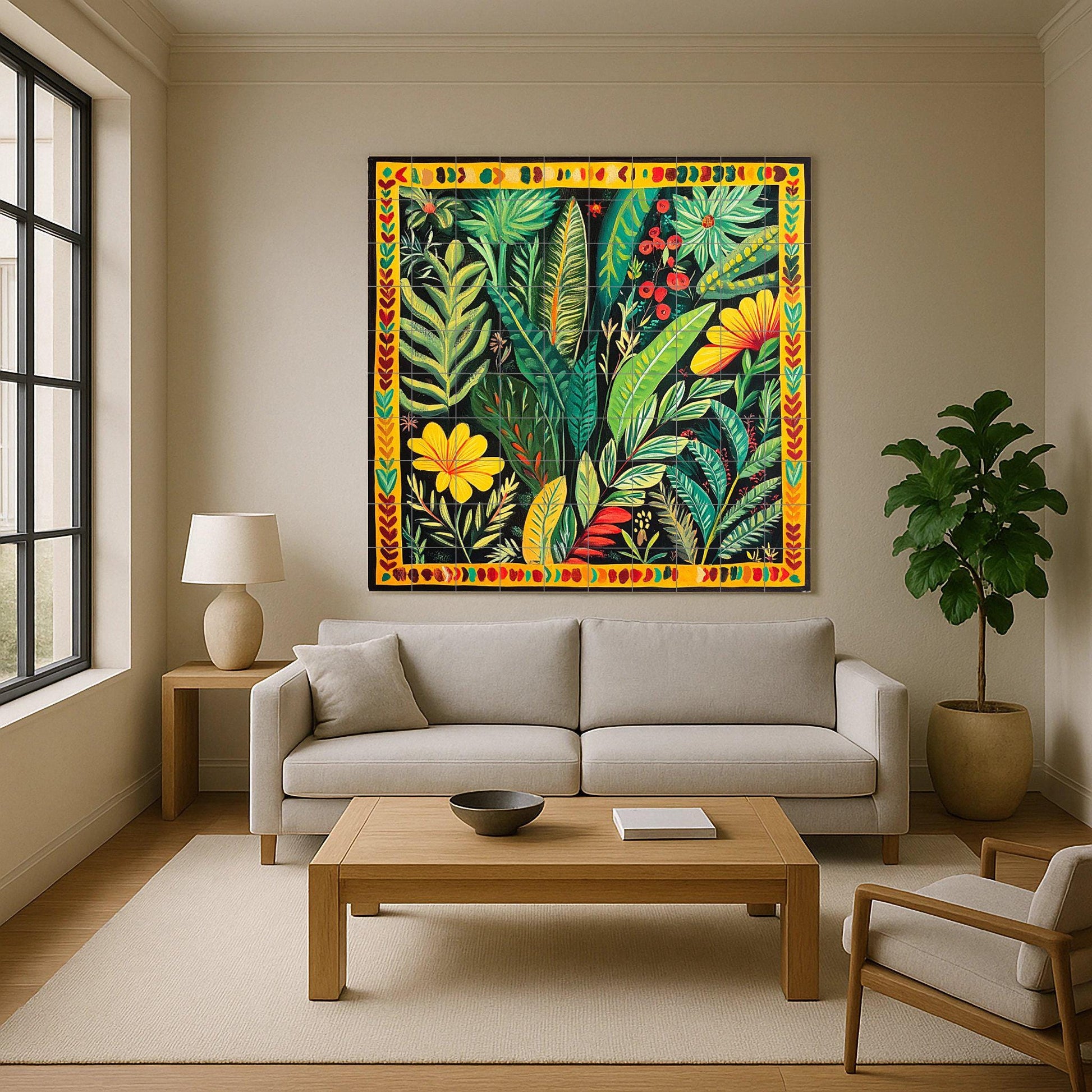 Mural de cerámica colombiana con follaje tropical
