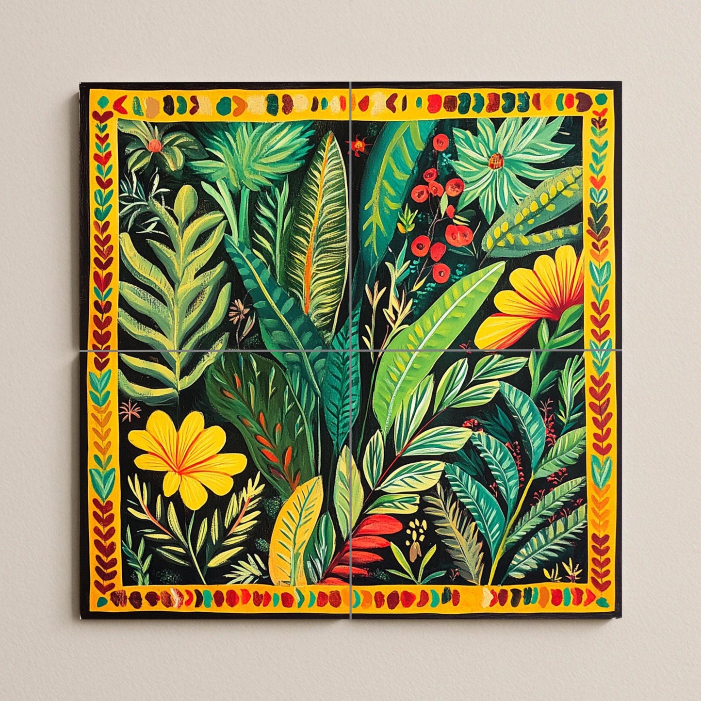 Mural de cerámica colombiana con follaje tropical