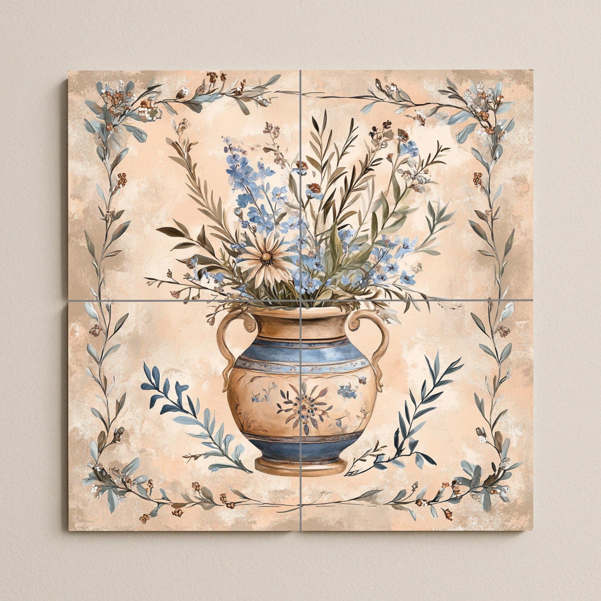 Mural de cerámica toscano con jarrón floral