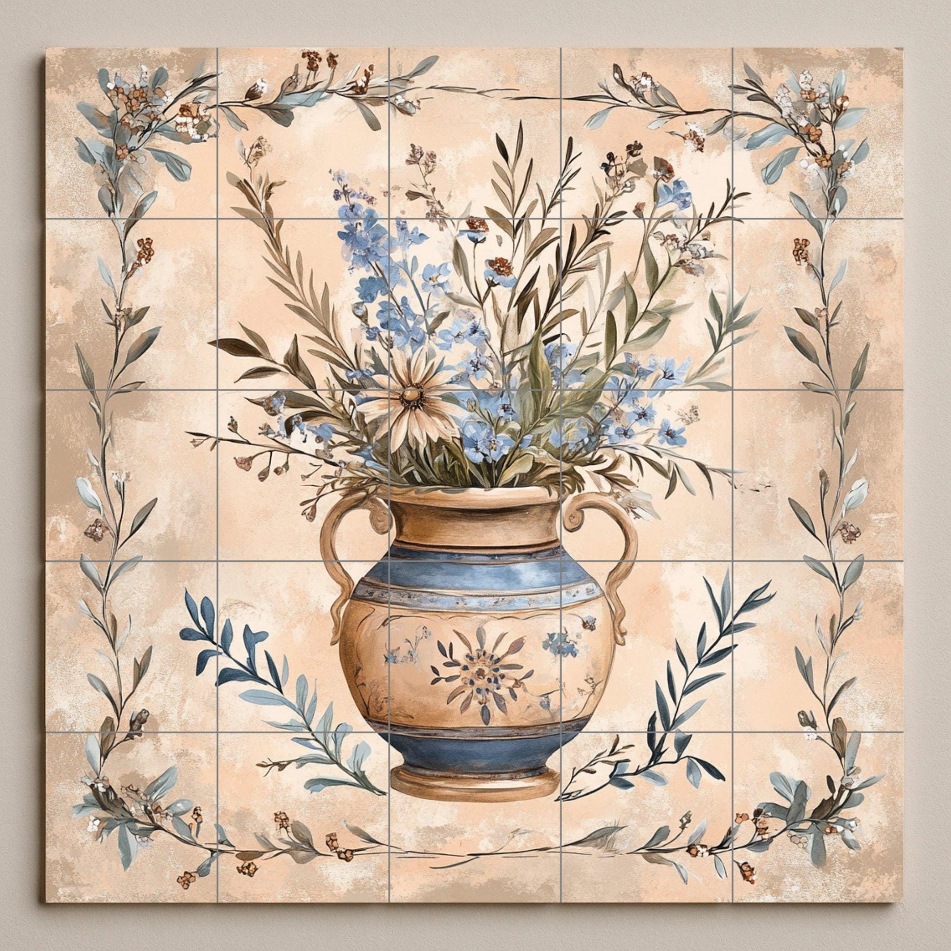 Mural de cerámica toscano con jarrón floral