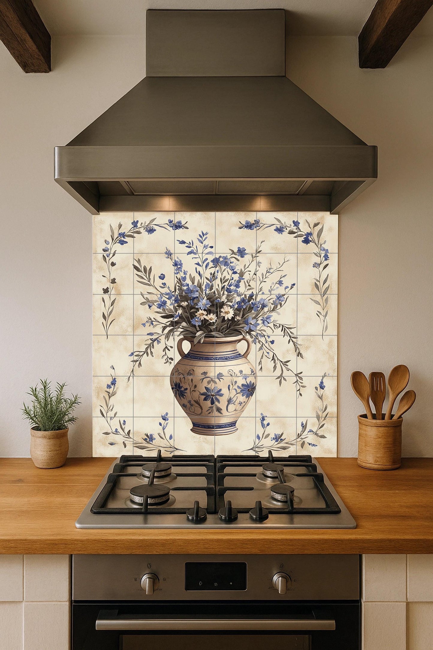 Ceramic Tile Mural: Cerámica with Vase Floral Blue — Nature Wall Art