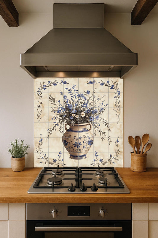 Ceramic Tile Mural: Cerámica with Vase Floral Blue — Nature Wall Art