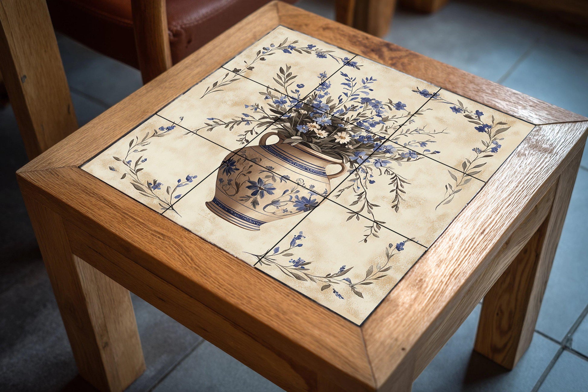 Ceramic Tile Mural: Cerámica with Vase Floral Blue — Nature Wall Art