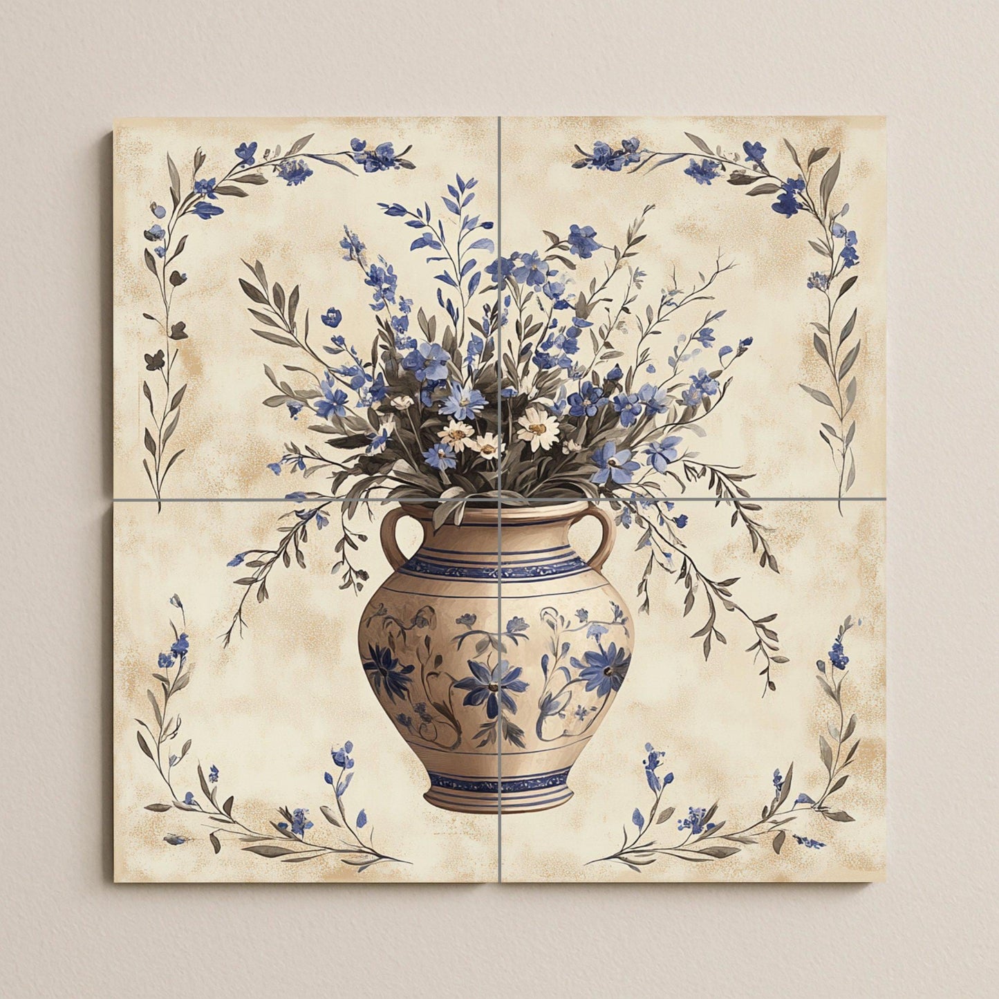 Ceramic Tile Mural: Cerámica with Vase Floral Blue — Nature Wall Art