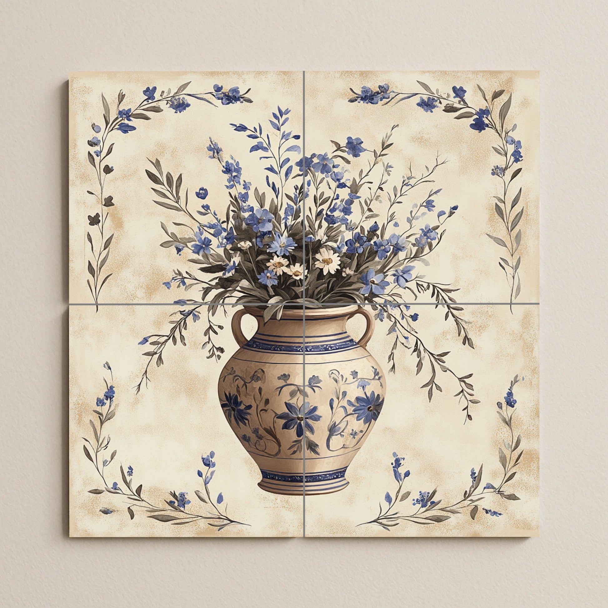 Ceramic Tile Mural: Cerámica with Vase Floral Blue — Nature Wall Art
