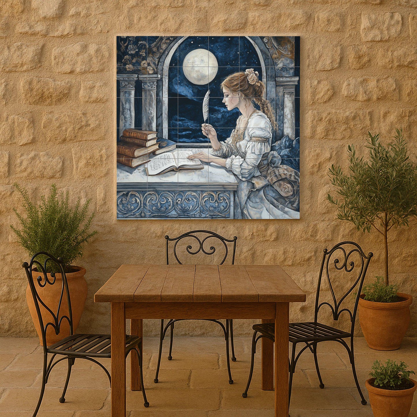 Fresque en Carrelage Historique de la Dame avec Pluma de Moonlit Arch — Panneau Mural Ornemental