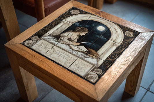 Romántico de cerámica de una dama escribiendo junto a una ventana ilumi · Ceramic Wall Mural — Folk & Ornamental Art