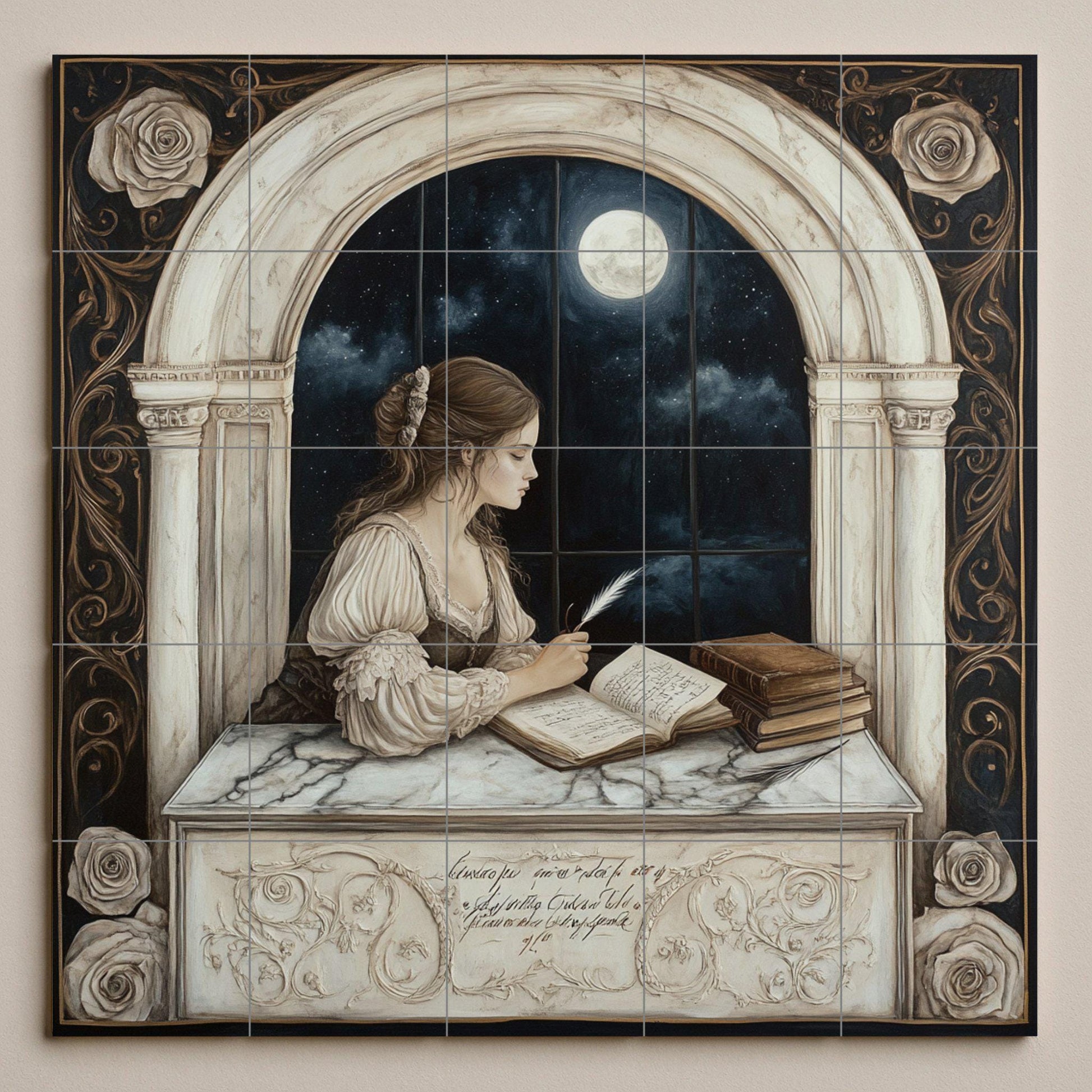 Romántico de cerámica de una dama escribiendo junto a una ventana ilumi · Keramik-Wandbild — Ornamentales Wandpaneel