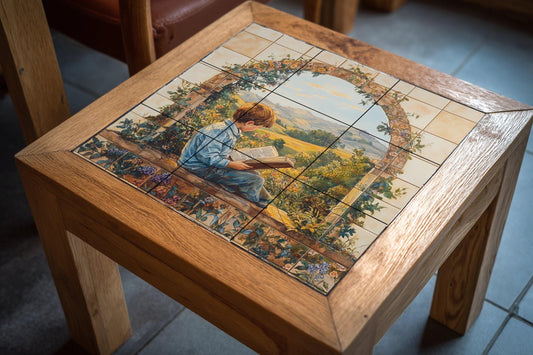 Cerámica con un niño leyendo en un arco de jardín — Kitchen & Country Scene · Tile Wall Art