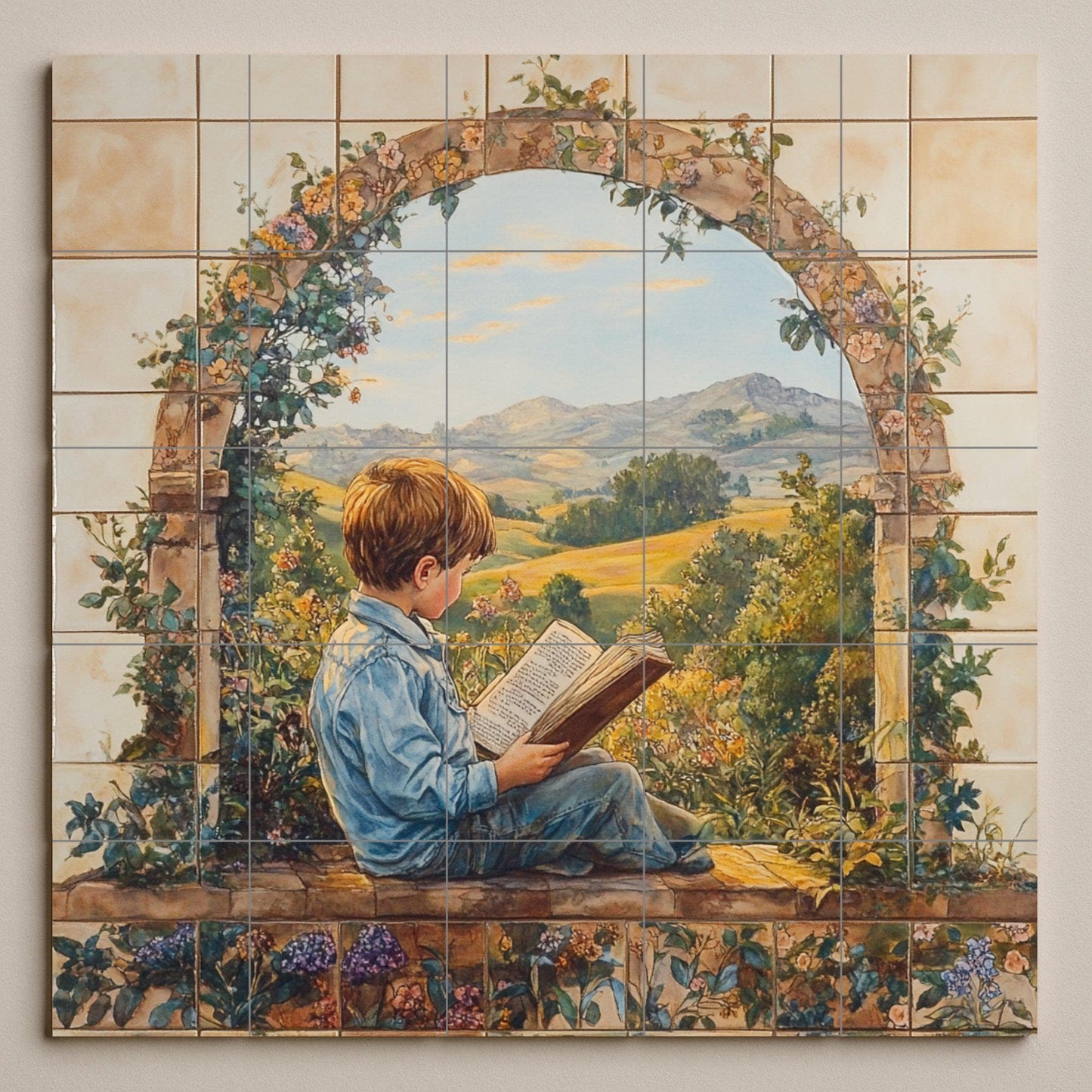 Mural de cerámica con un niño leyendo en un arco de jardín