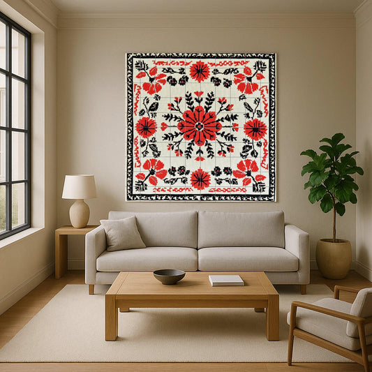 Mural bordado rumano — Floral en punto de cruz rojo y negro con…