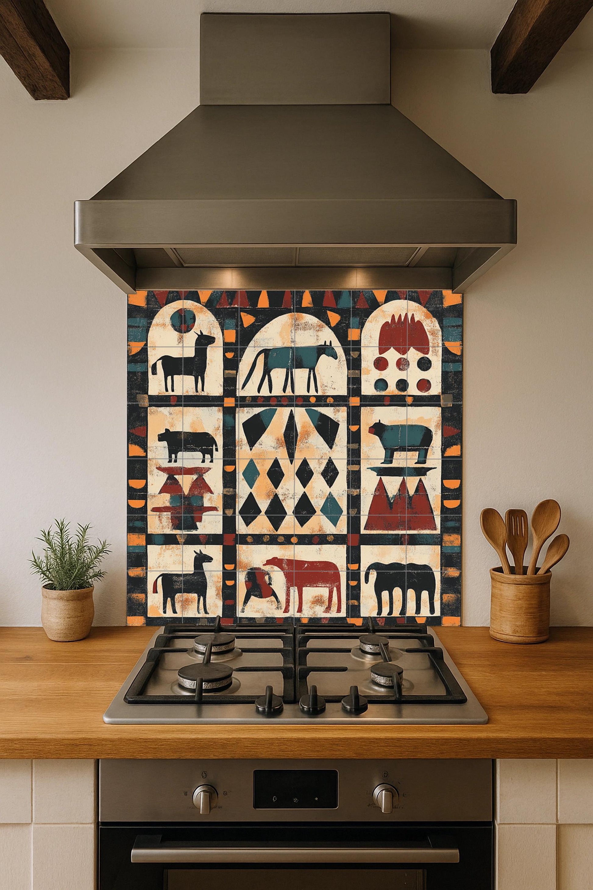Mural nubio sudanés — Motivos geométricos de animales, arcos tribales…