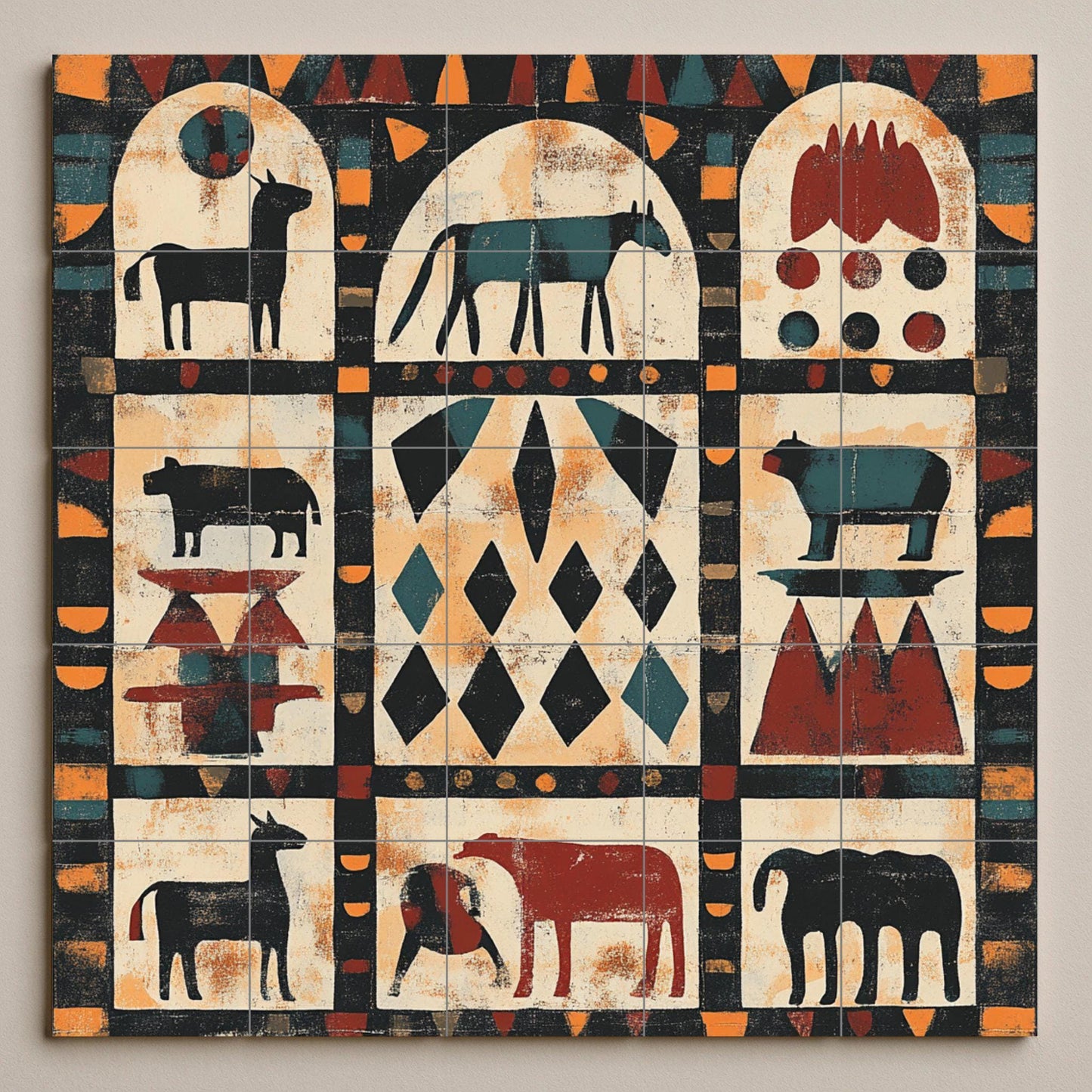 Mural nubio sudanés — Motivos geométricos de animales, arcos tribales…