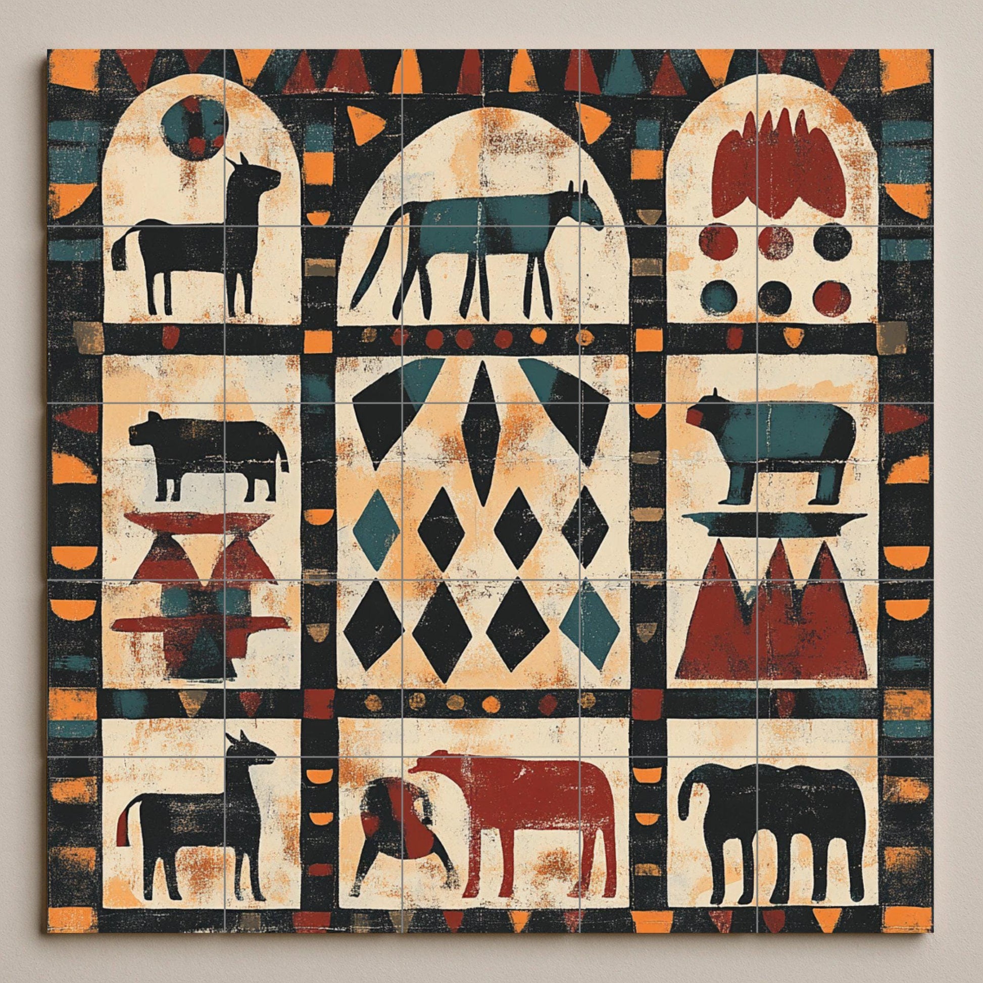 Mural nubio sudanés — Motivos geométricos de animales, arcos tribales…