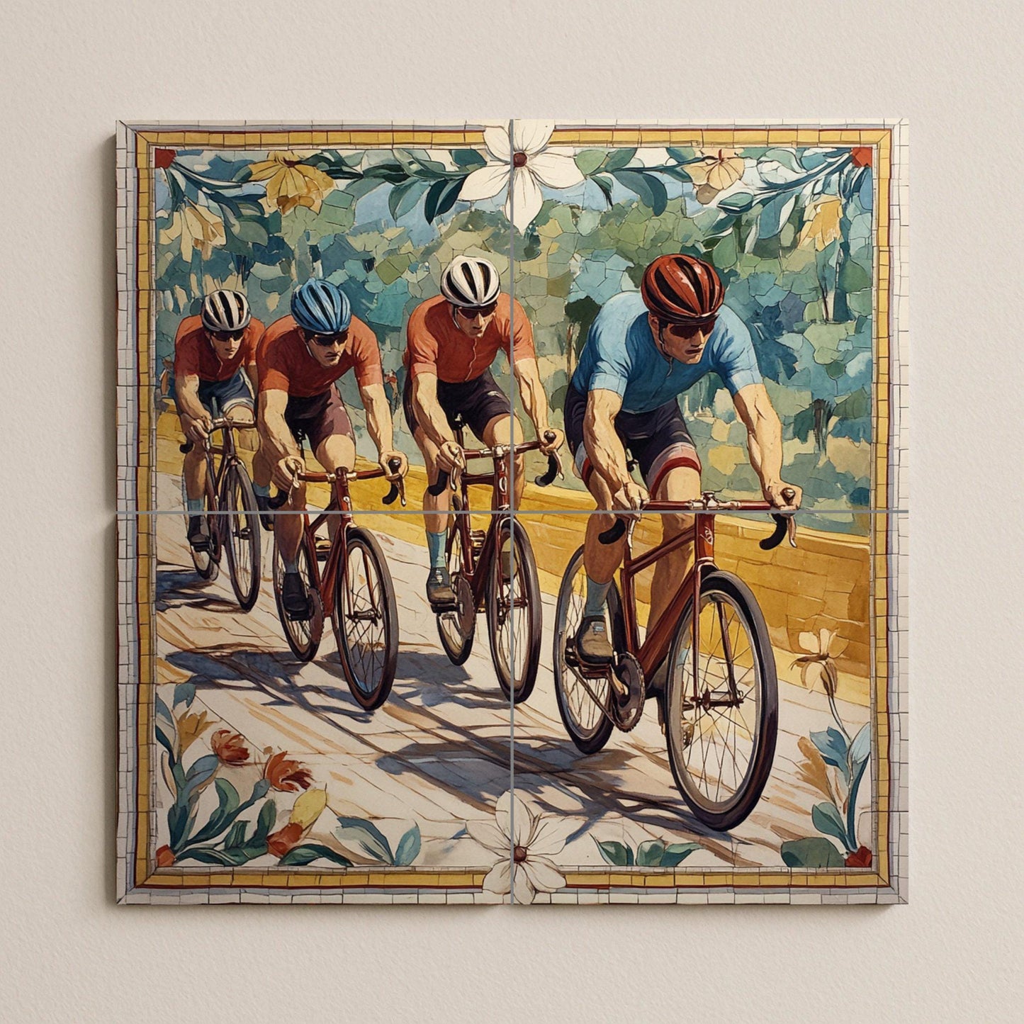 Mural cerámico de un equipo ciclista